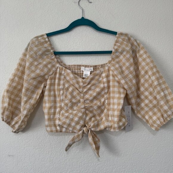 KIRIOUS LOS ANGELES Tops - Kirious Gingham Crop Top Women Small Tan White Tie Front Smocked Puff Sleeve